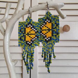 Handcrafted Butterfly Beaded Earrings - Blue and Yellow